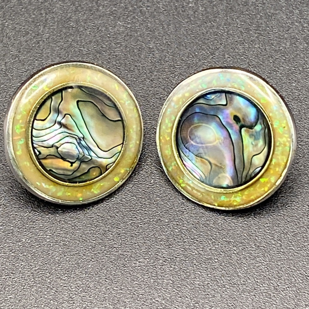 Nuri Silver Abalone Mosaic Opal Stud Earrings Boho Art Deco Retro Multi 1"